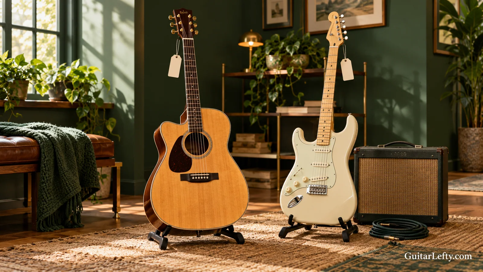 Acoustic and electric guitars beside a small amplifier.