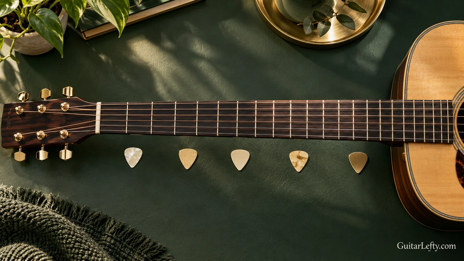Guitar neck with five picks marking different fretboard regions.