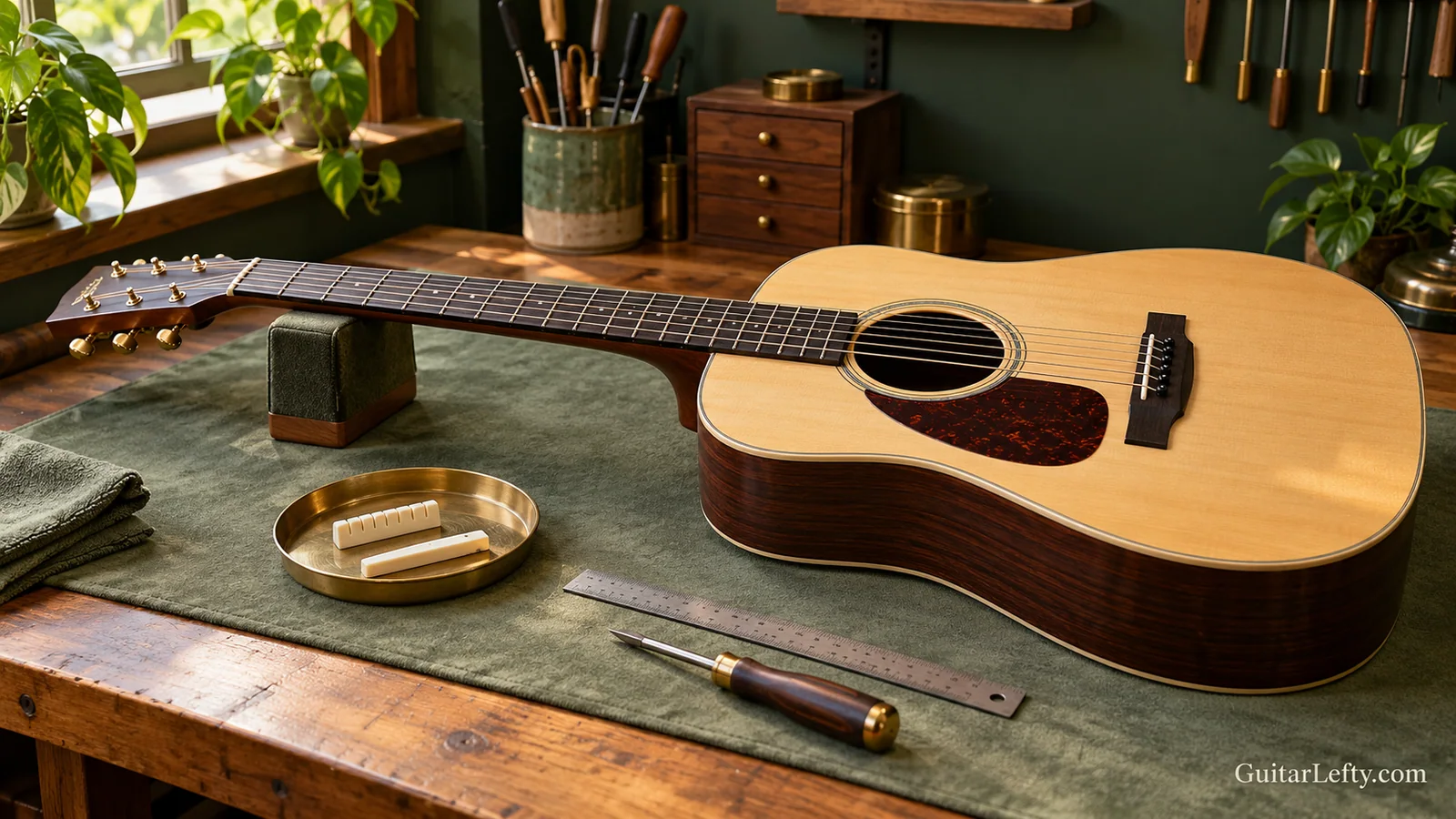 Acoustic guitar, nut and saddle on a tidy workshop bench.