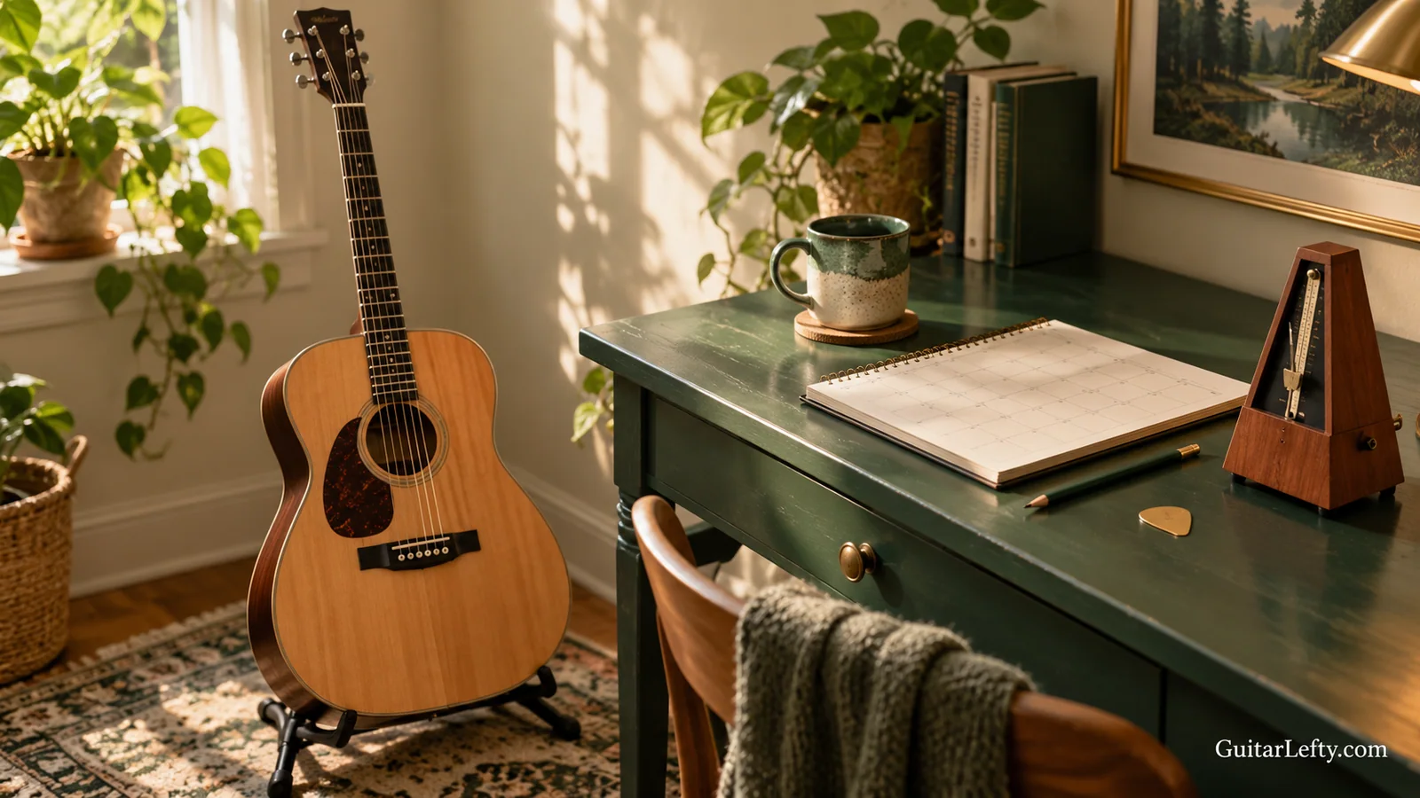 A guitar, blank monthly planner and wooden metronome.