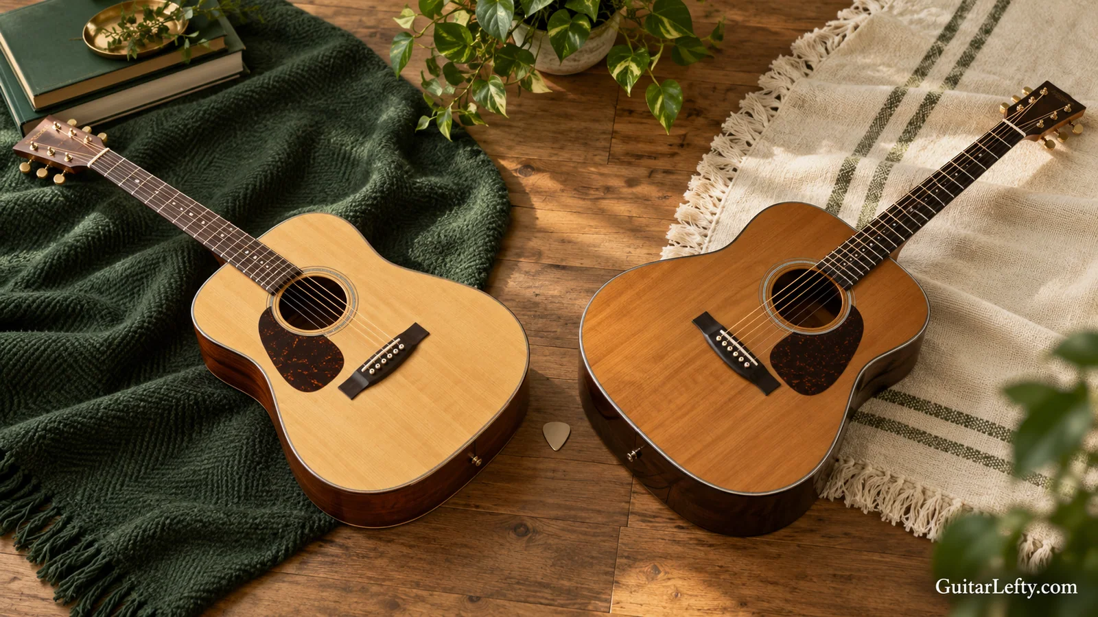 Two acoustic guitars facing opposite directions.