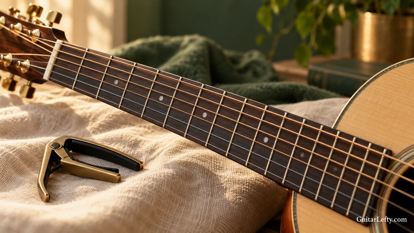 Guitar frets and strings with a brass capo on cream linen.