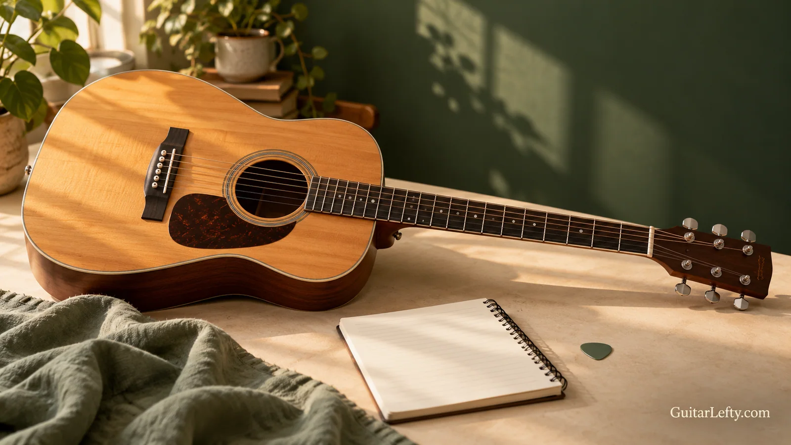 Left-handed acoustic guitar with a notebook and pick in warm window light.