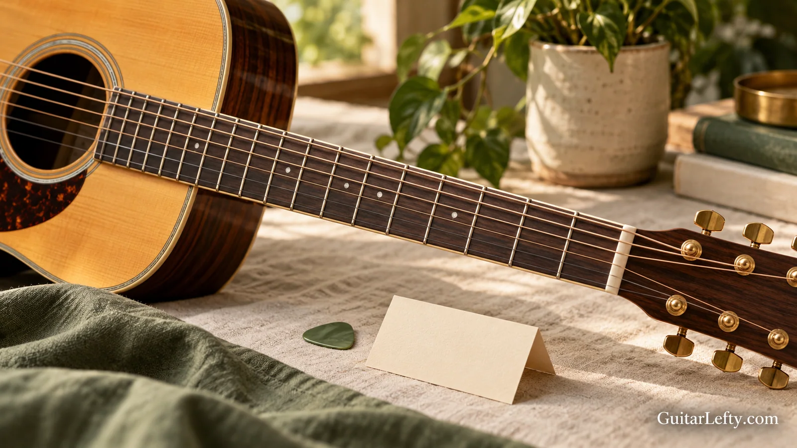 Acoustic guitar fretboard and a pick on cream linen.