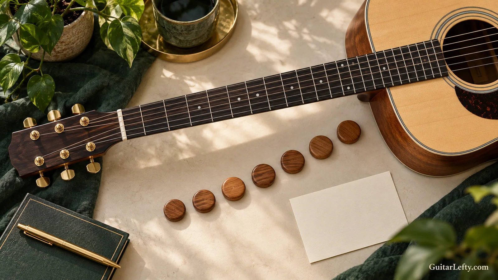 Guitar neck and wooden markers arranged on a cream desk.