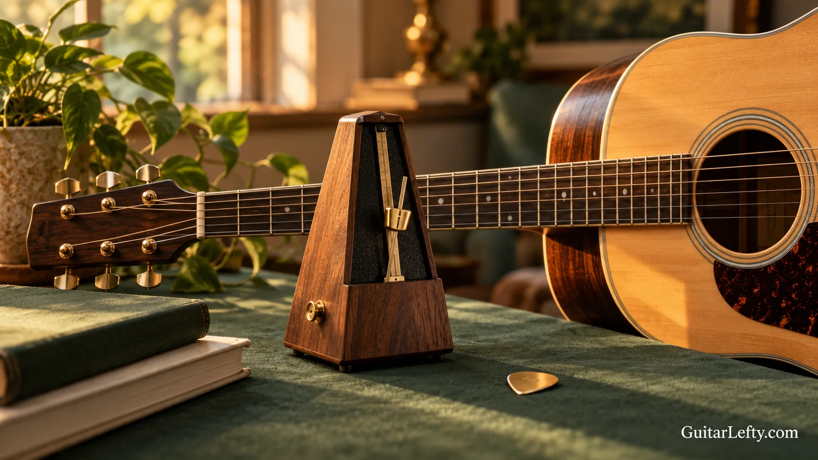 Wooden metronome beside an acoustic guitar and pick.