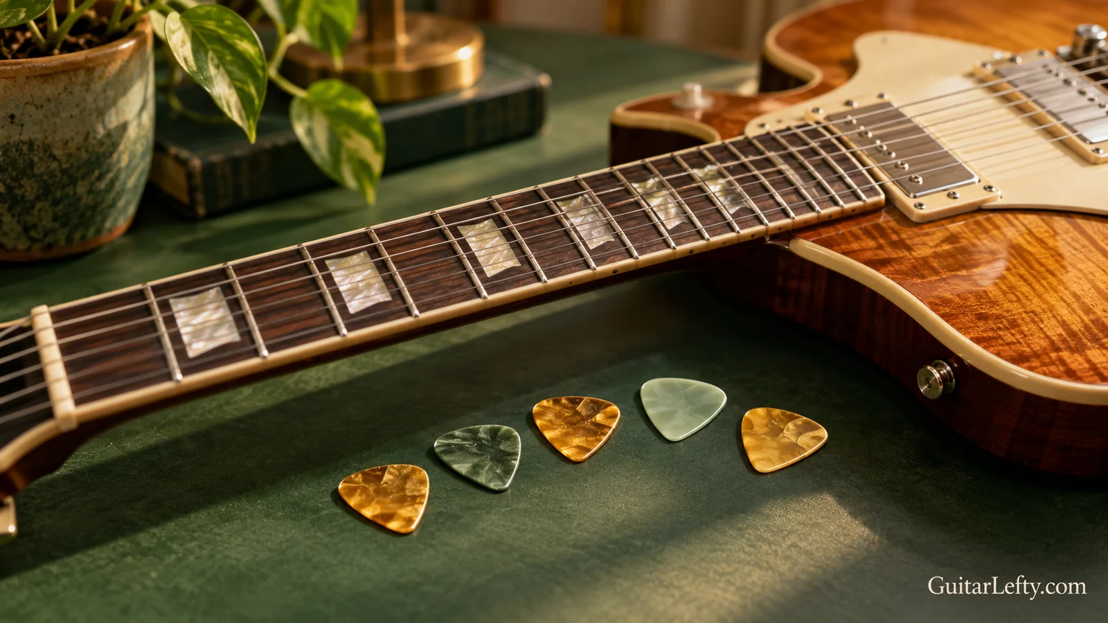 Electric guitar fretboard with five gold and sage picks.