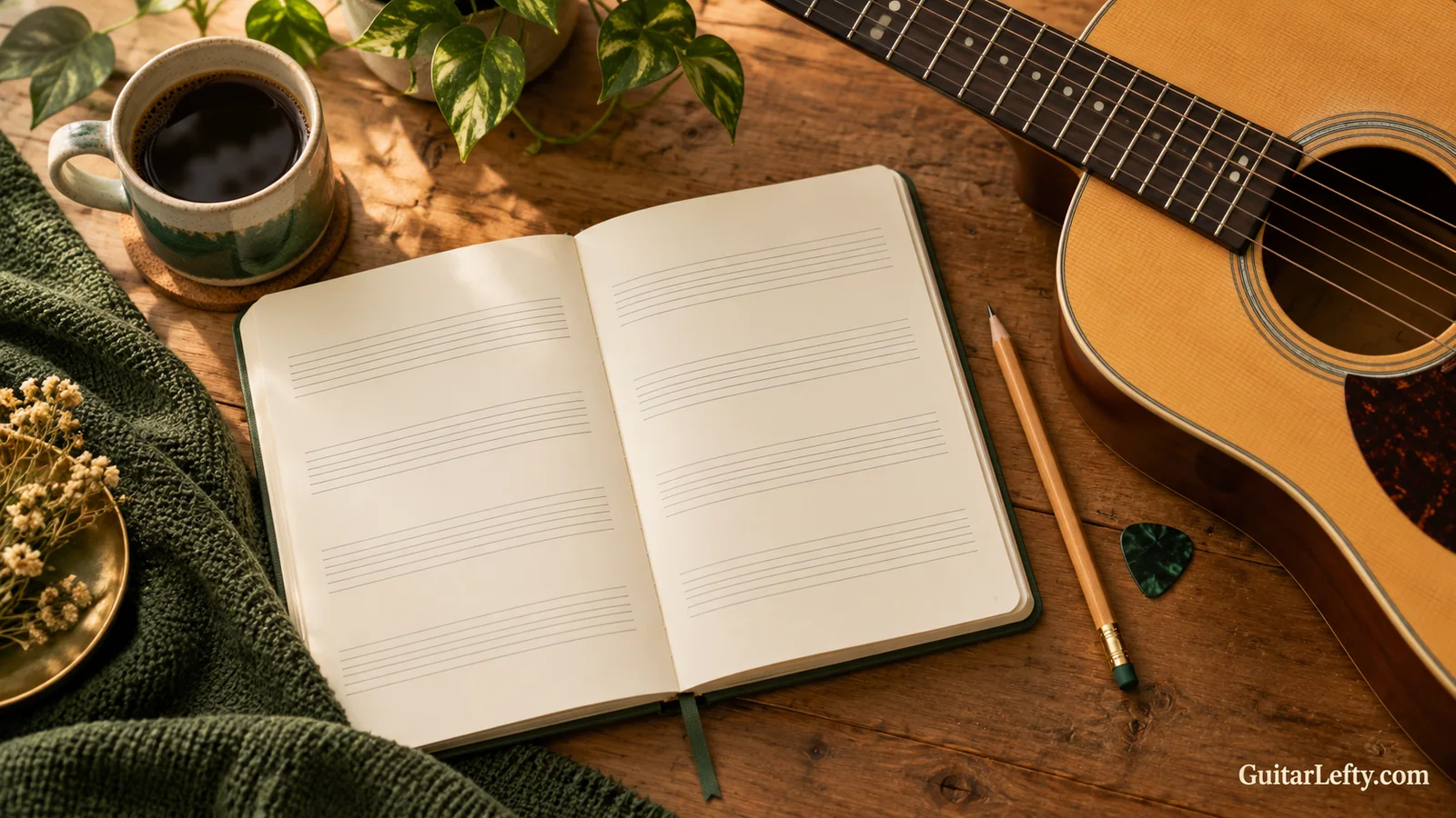 Tablature notebook, pencil and guitar on a warm desk.